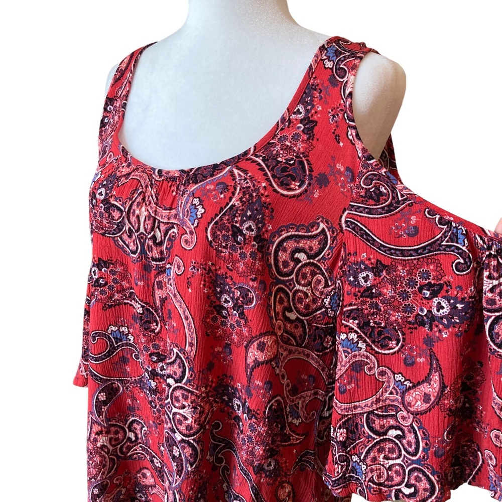 Mossimo Supply Co Women's paisley print cold shoulder ruffle blouse, Sz M - Picture 3 of 16